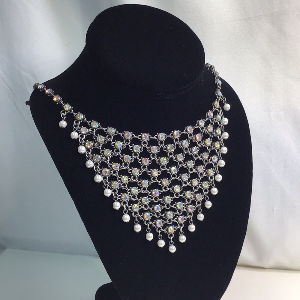 Elegant Iridescent and Pearl Necklace draped bib necklace with heart tag